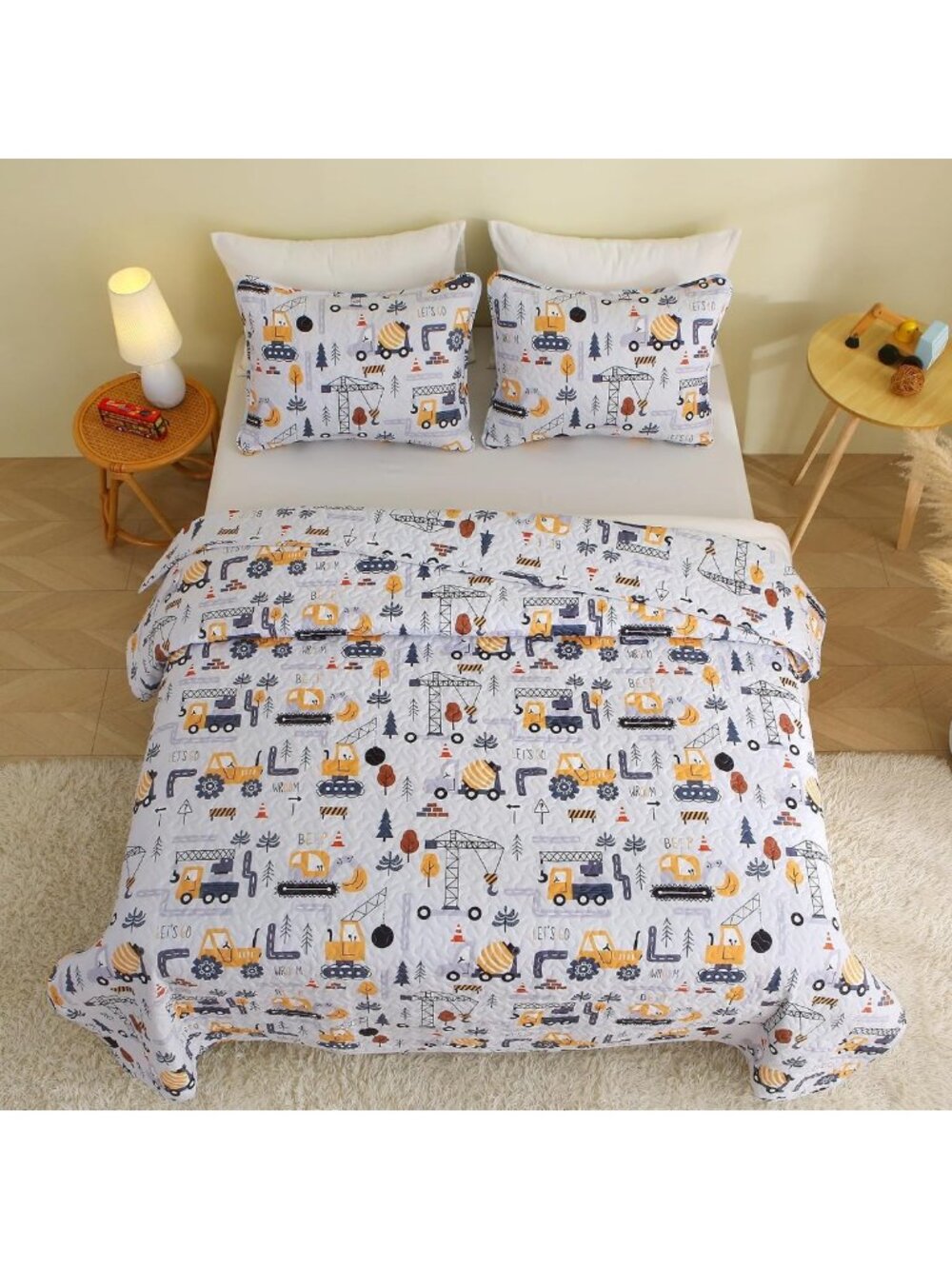 Full Size Kids Quilt Set - Engineering Vehicle Cars Bedding, 3 Piece for Boys